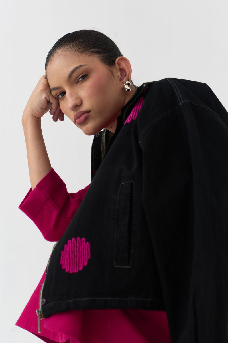 Floral Applique Woollen Dress-Fuchsia merino wool dress by THREE in fuchsia for women Worldwide