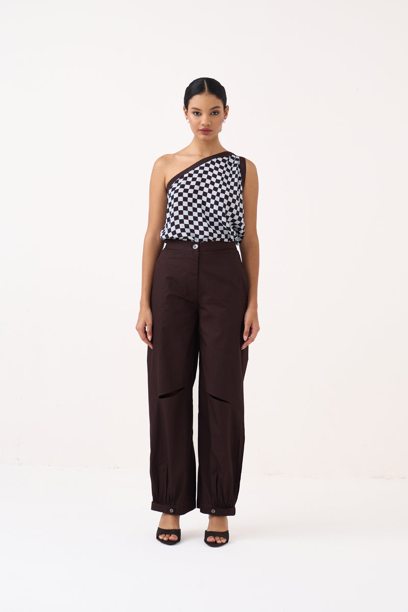 One Shoulder Top Co-Ord-Cocoa Brown & Ice Blue silk crepe co-ord set by THREE in dark brown for women Worldwide