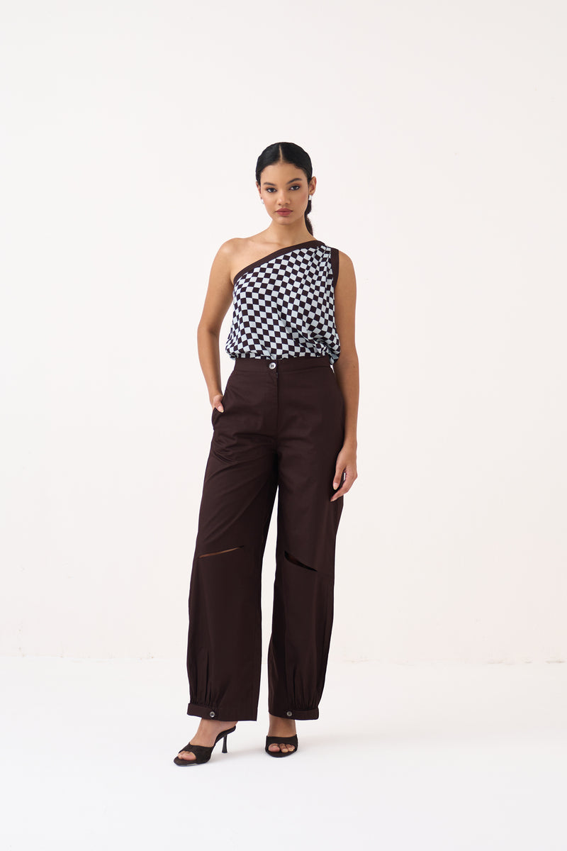One Shoulder Top Co-Ord-Cocoa Brown & Ice Blue silk crepe co-ord set by THREE in dark brown for women Worldwide