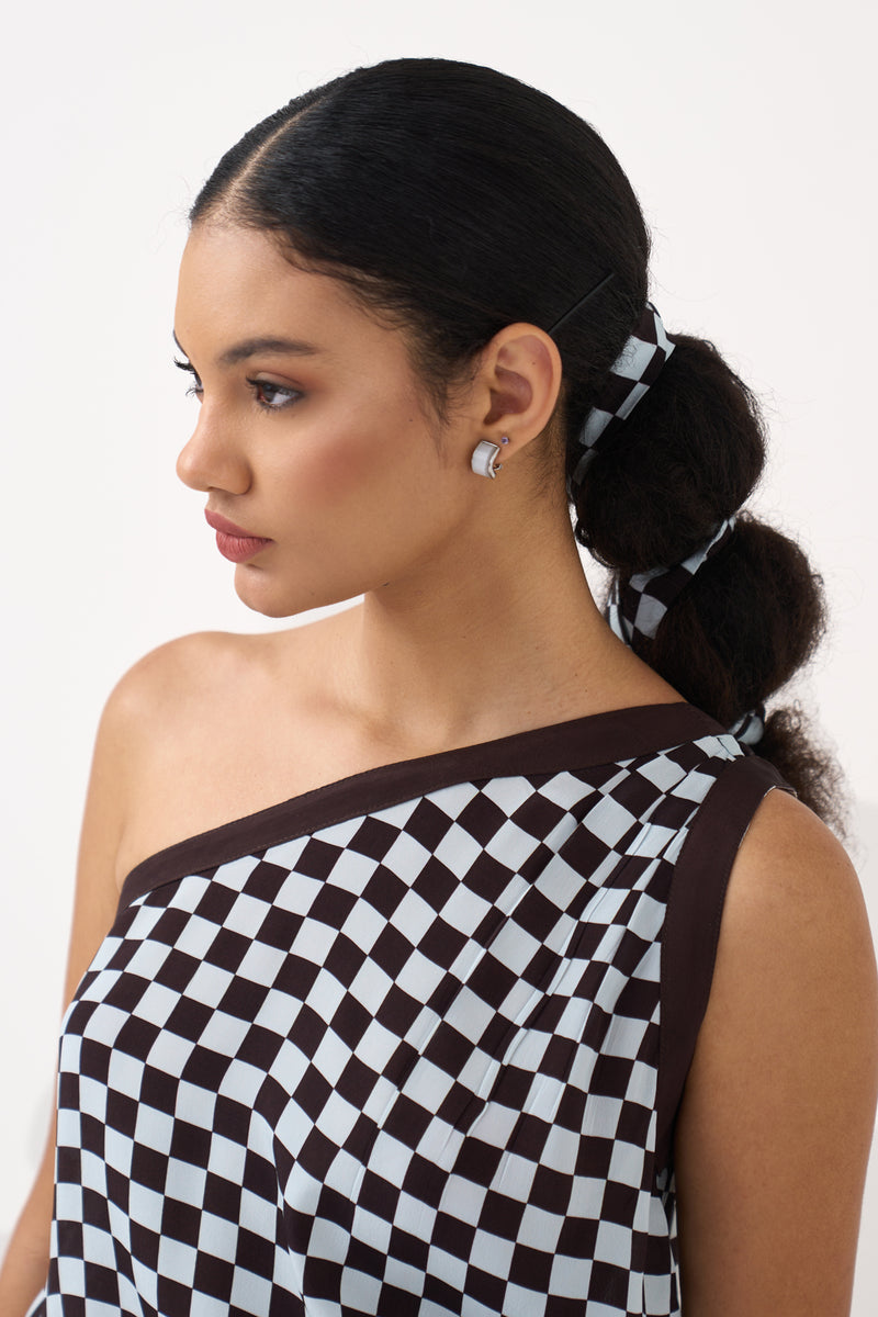 One Shoulder Top Co-Ord-Cocoa Brown & Ice Blue silk crepe co-ord set by THREE in dark brown for women Worldwide