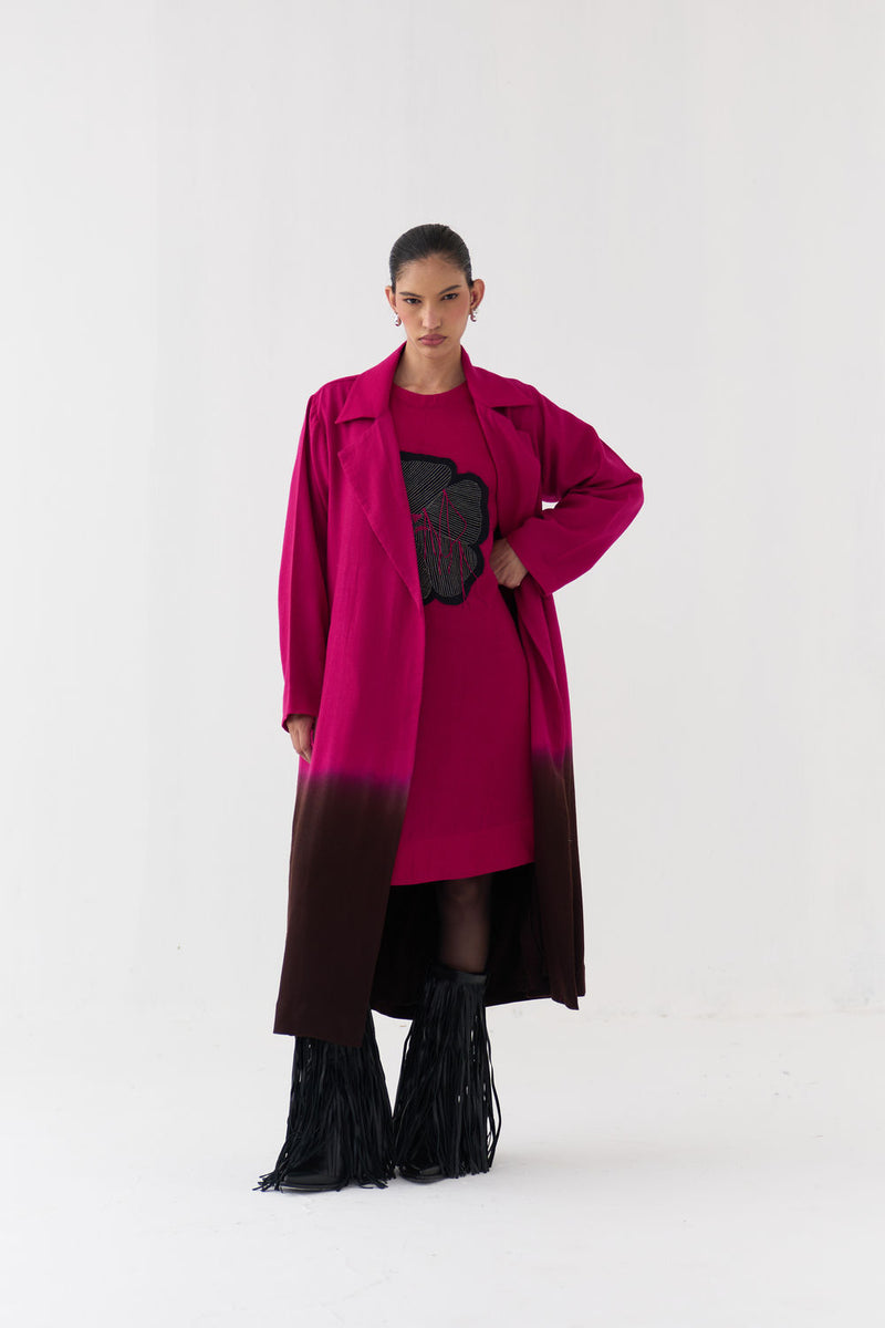 Applique Woollen Dress Co-Ord (Set Of 2)-Fuchsia wool co-ord set by THREE in fuchsia, brown for women Worldwide