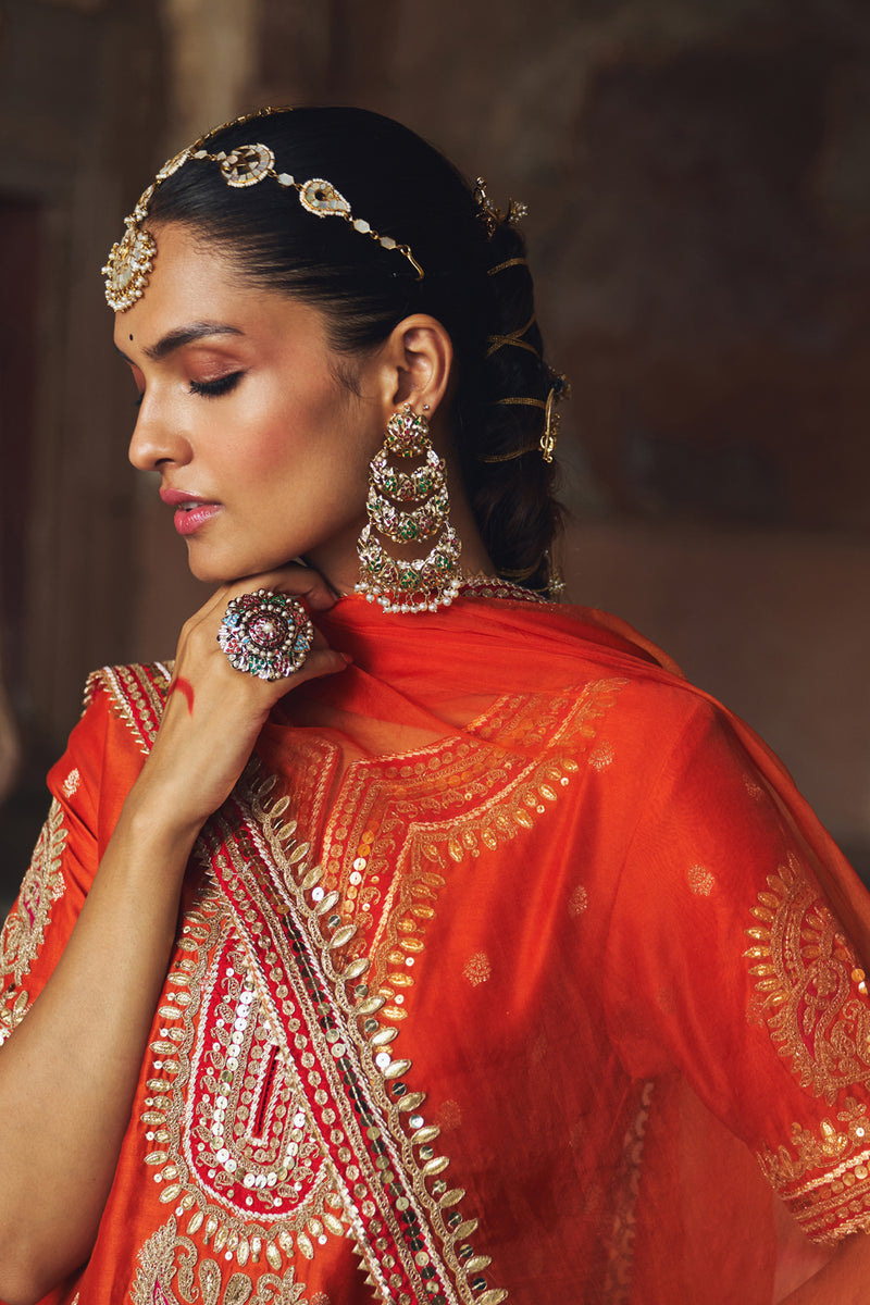 AREESHA - BURNT ORANGE SHORT KURTA WITH SHARARA AND DUPATTA silk chanderi kurta/kurta set by SHEETAL BATRA in orange for women Worldwide