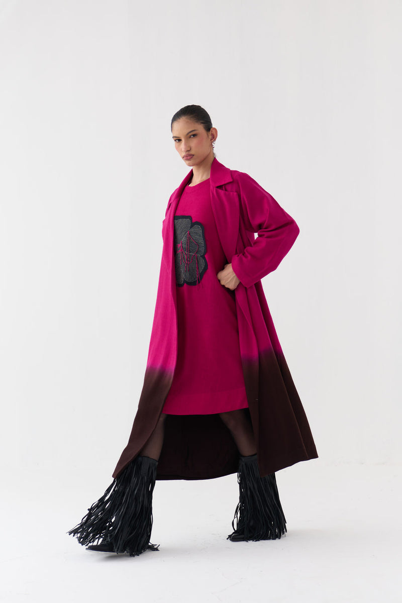 Applique Woollen Dress Co-Ord (Set Of 2)-Fuchsia wool co-ord set by THREE in fuchsia, brown for women Worldwide