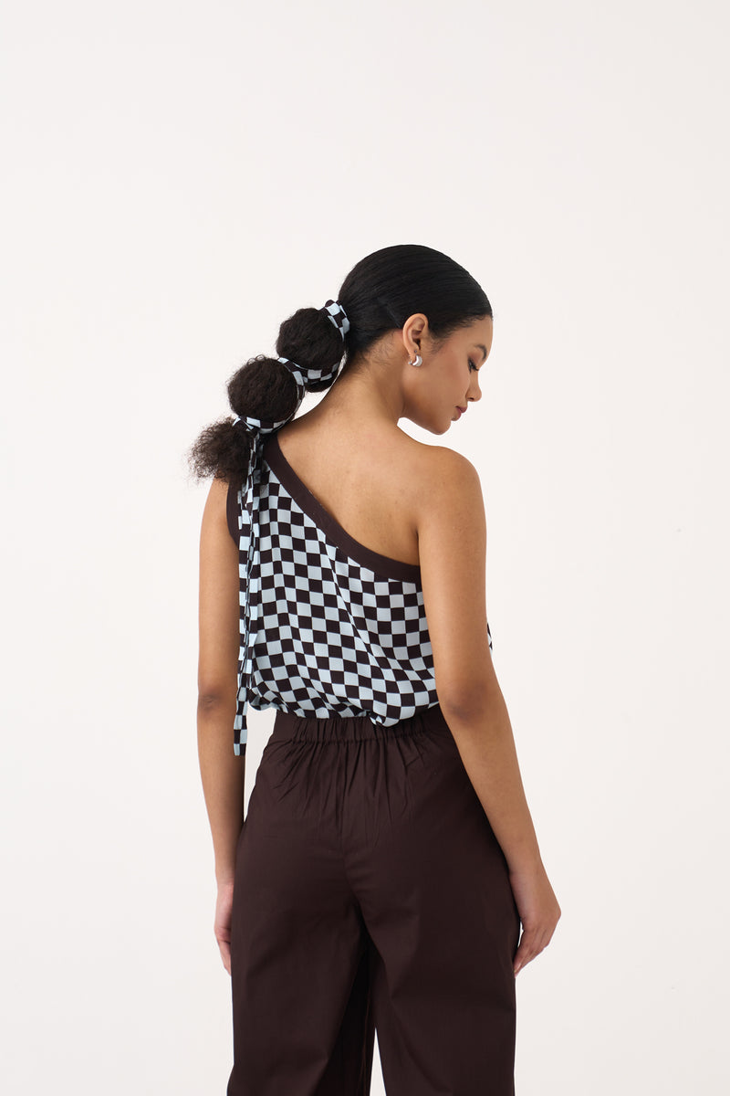 One Shoulder Top Co-Ord-Cocoa Brown & Ice Blue silk crepe co-ord set by THREE in dark brown for women Worldwide