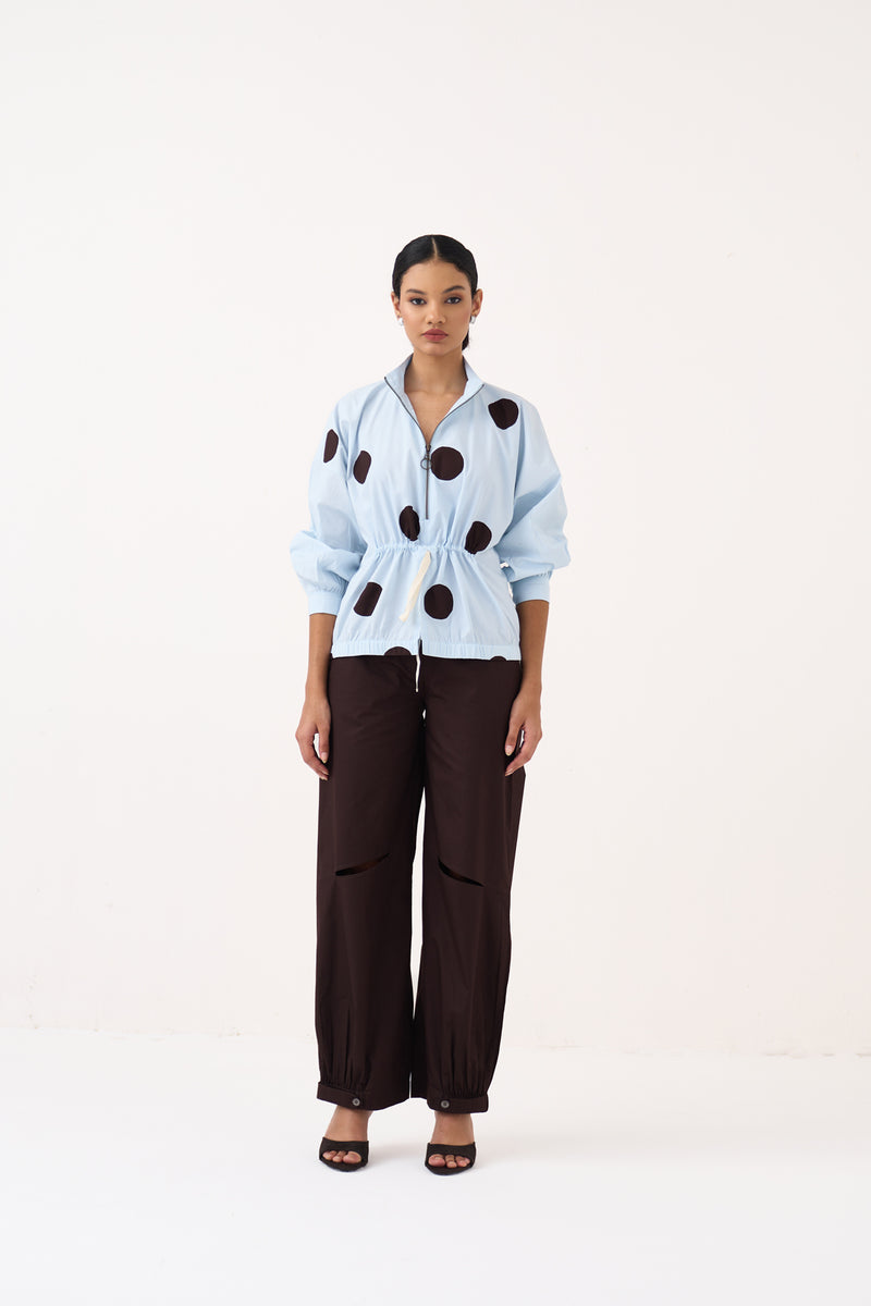 Drawstring Polka Top-Ice Blue & Cocoa Brown 100% cotton poplin top/shirt by THREE in ice blue for women Worldwide