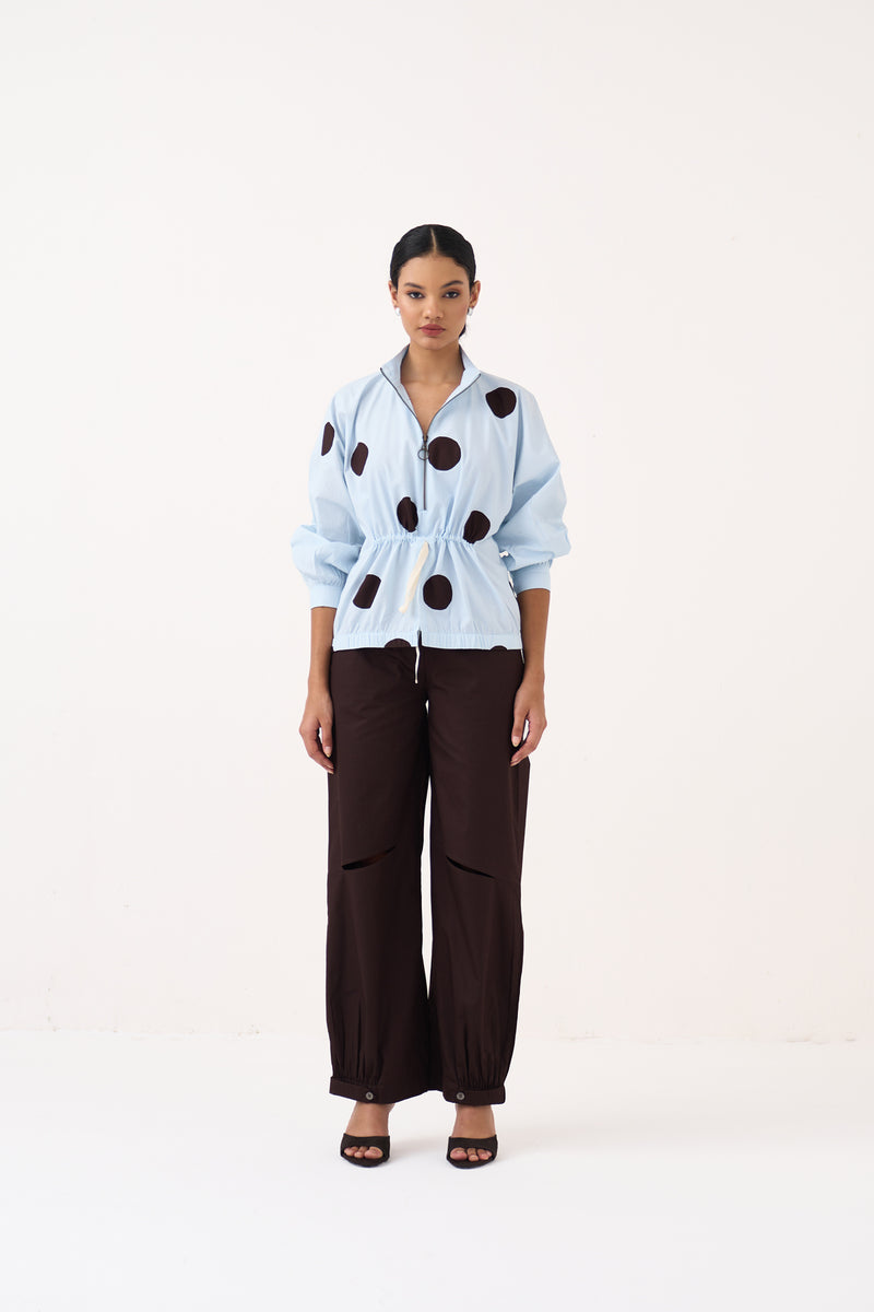 Drawstring Polka Top Co-Ord-Ice Blue & Cocoa Brown 100% cotton poplin co-ord set by THREE in ice blue for women Worldwide