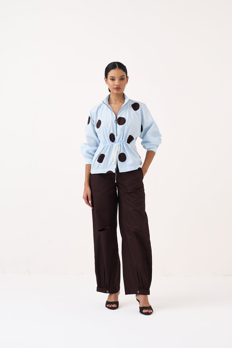 Drawstring Polka Top-Ice Blue & Cocoa Brown 100% cotton poplin top/shirt by THREE in ice blue for women Worldwide