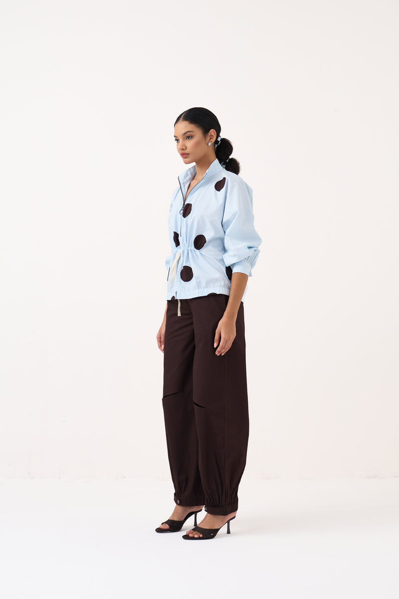 Drawstring Polka Top-Ice Blue & Cocoa Brown 100% cotton poplin top/shirt by THREE in ice blue for women Worldwide