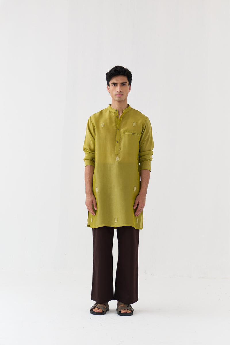 Hand Emb. Detail Kurta tissue kurta/kurta set by THREE Men in yellow for men Worldwide