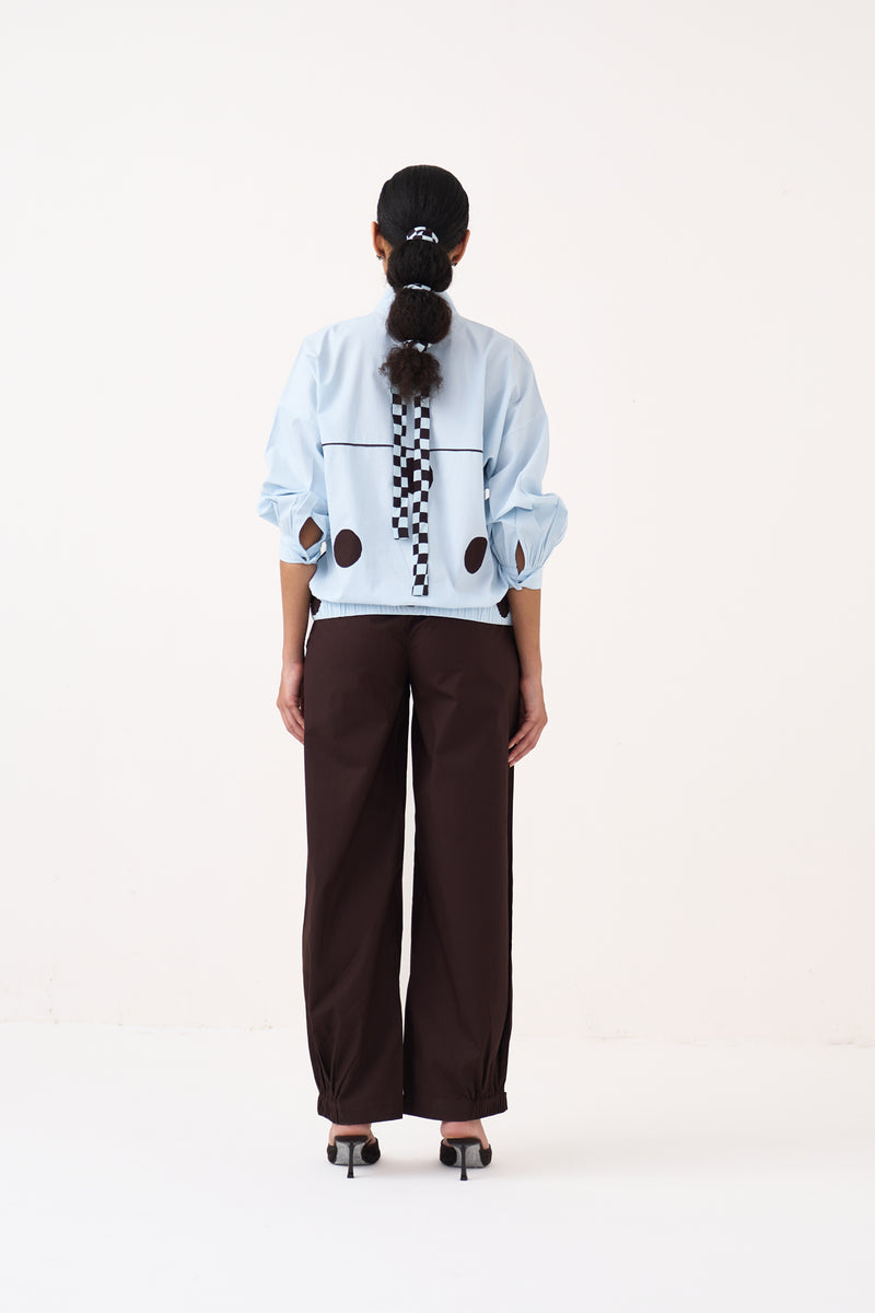 Drawstring Polka Top-Ice Blue & Cocoa Brown 100% cotton poplin top/shirt by THREE in ice blue for women Worldwide