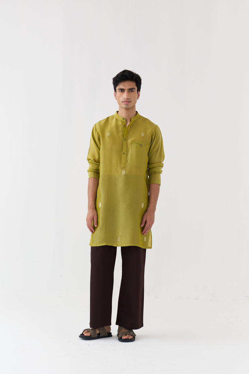 Hand Emb. Detail Kurta tissue kurta/kurta set by THREE Men in yellow for men Worldwide