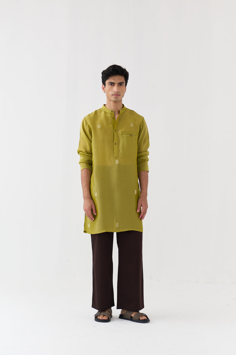 Hand Emb. Detail Kurta Co-Ord tissue,poplin co-ord set by THREE Men in yellow,brown for men Worldwide