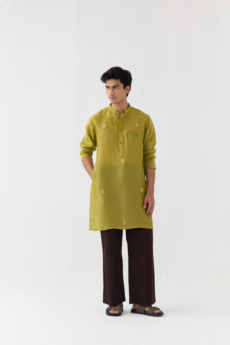 Hand Emb. Detail Kurta Co-Ord tissue,poplin co-ord set by THREE Men in yellow,brown for men Worldwide