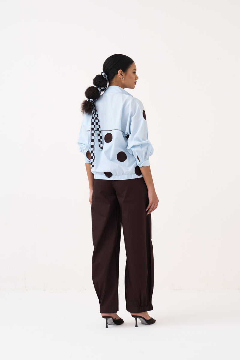 Drawstring Polka Top Co-Ord-Ice Blue & Cocoa Brown 100% cotton poplin co-ord set by THREE in ice blue for women Worldwide