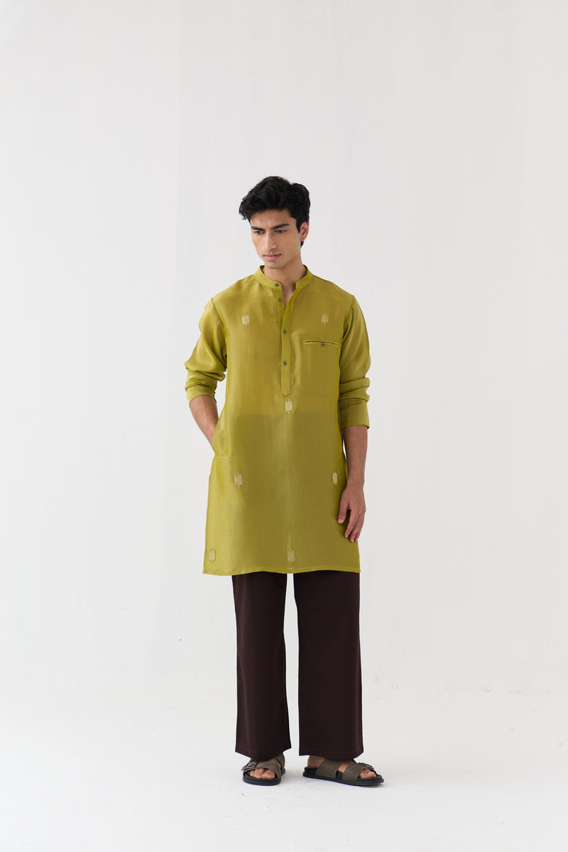 Hand Emb. Detail Kurta Co-Ord tissue,poplin co-ord set by THREE Men in yellow,brown for men Worldwide