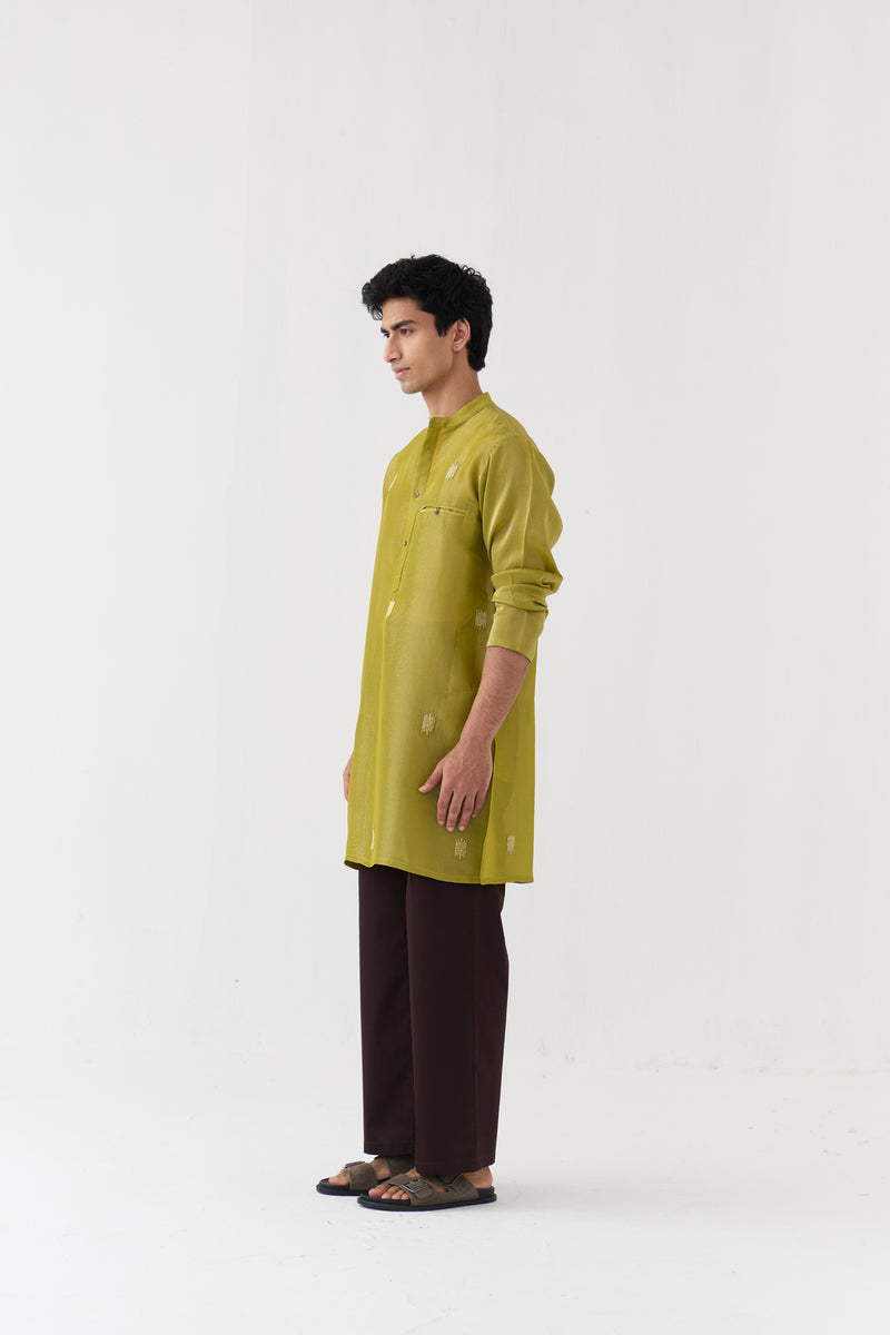 Hand Emb. Detail Kurta Co-Ord tissue,poplin co-ord set by THREE Men in yellow,brown for men Worldwide