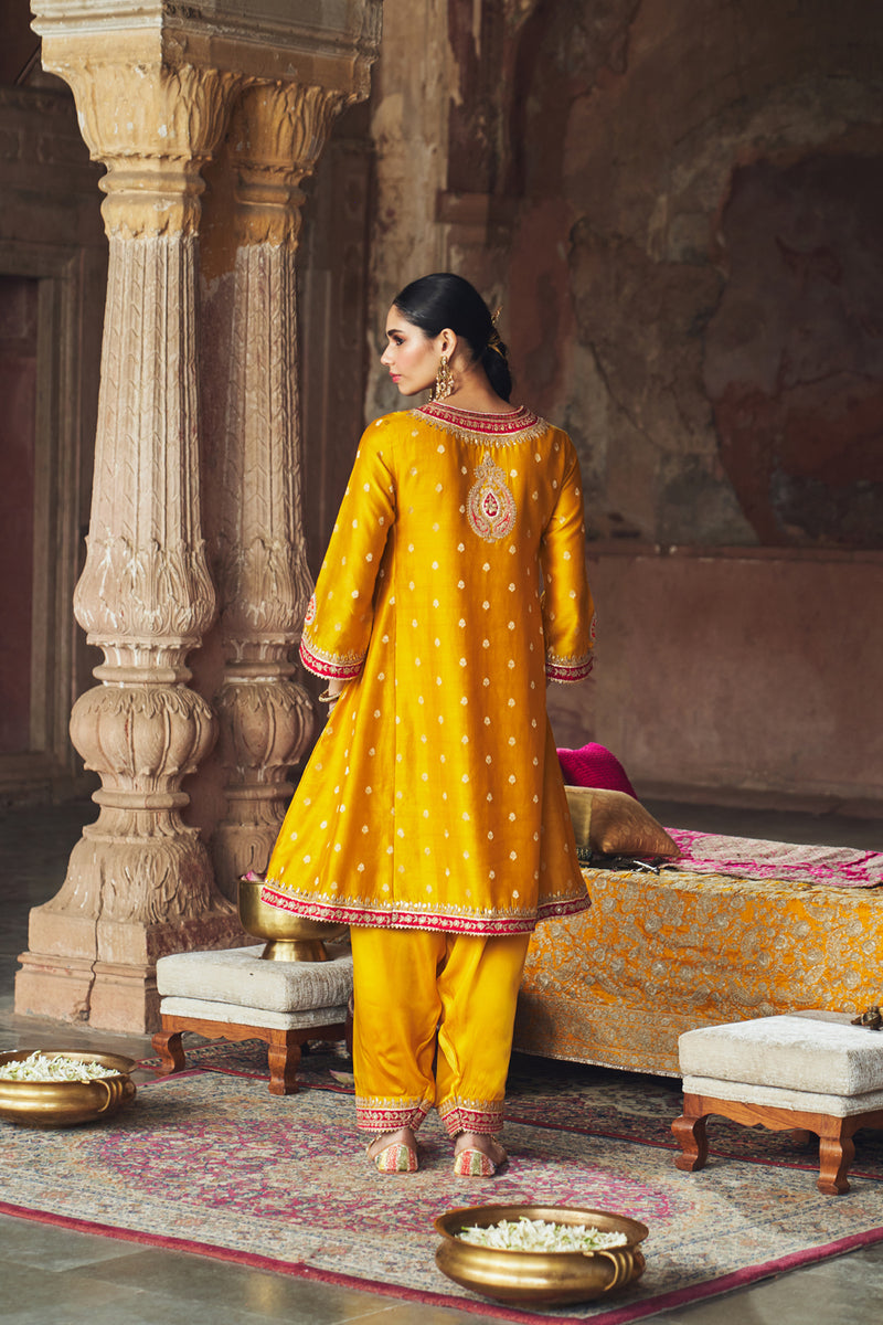 HAFSA - MUSTARD CHAUGA WITH SALWAR chanderi silk kurta/kurta set by SHEETAL BATRA in mustard for women Worldwide