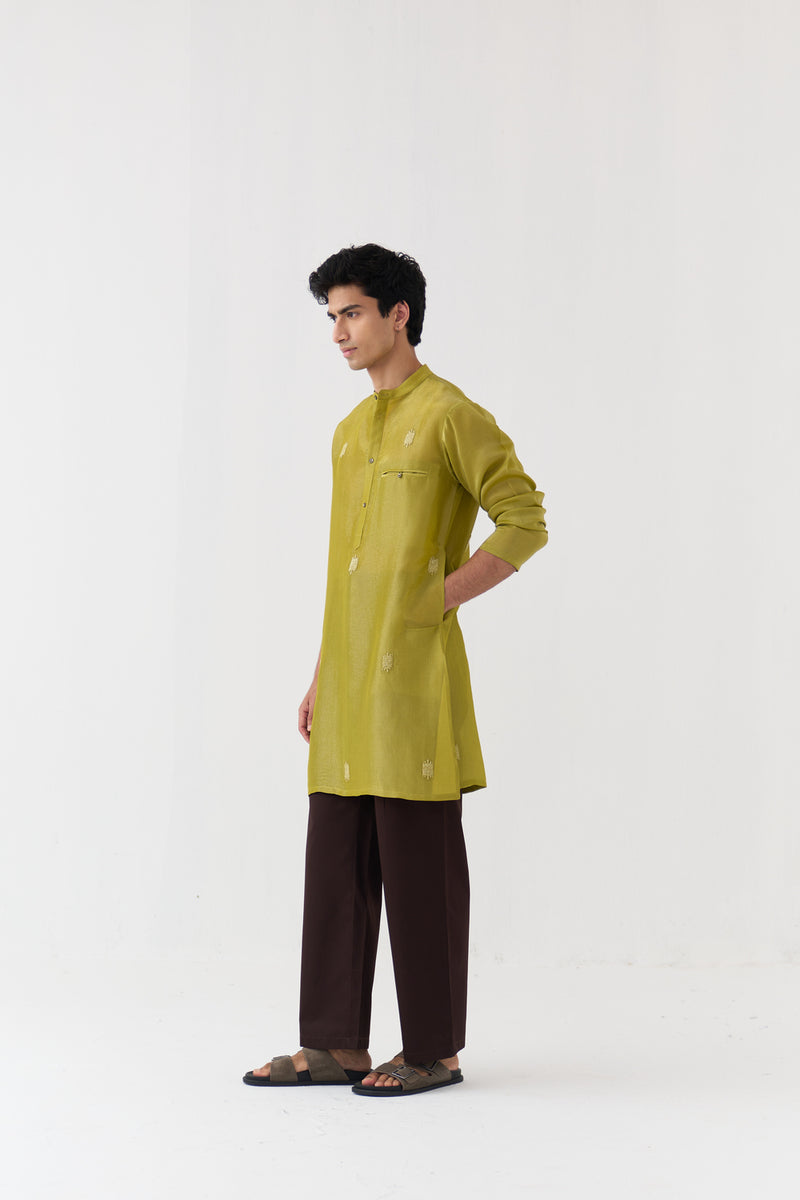 Hand Emb. Detail Kurta tissue kurta/kurta set by THREE Men in yellow for men Worldwide