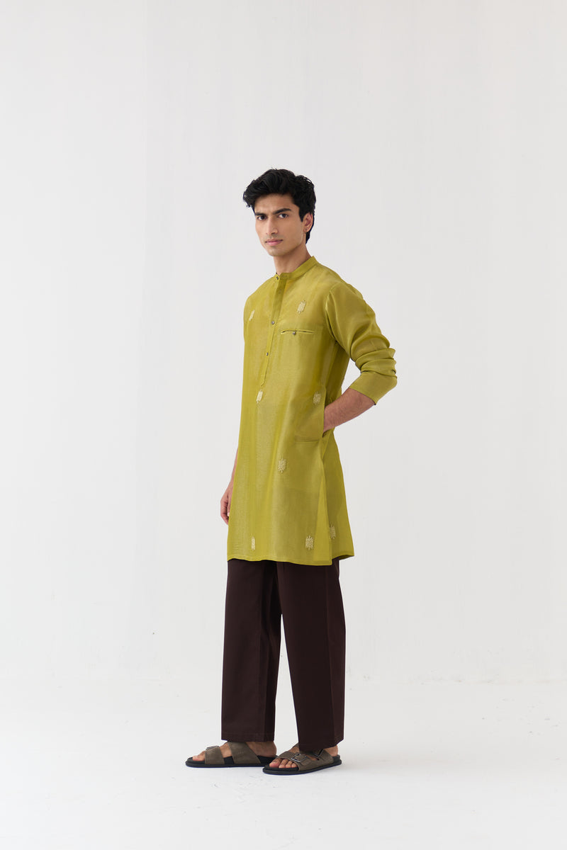 Hand Emb. Detail Kurta Co-Ord tissue,poplin co-ord set by THREE Men in yellow,brown for men Worldwide