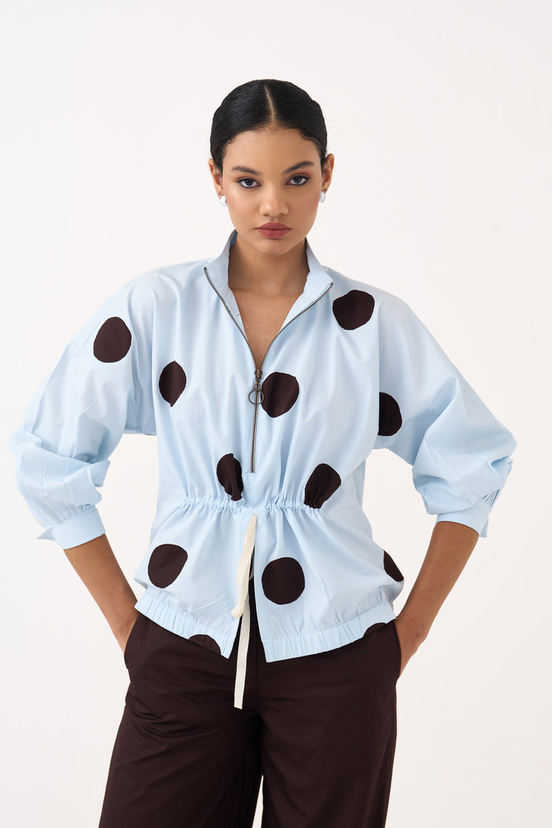 Drawstring Polka Top-Ice Blue & Cocoa Brown 100% cotton poplin top/shirt by THREE in ice blue for women Worldwide