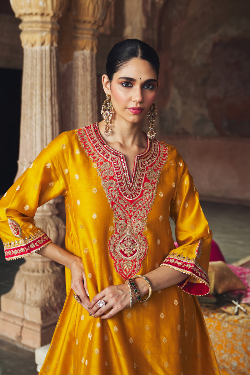 HAFSA - MUSTARD CHAUGA WITH SALWAR chanderi silk kurta/kurta set by SHEETAL BATRA in mustard for women Worldwide
