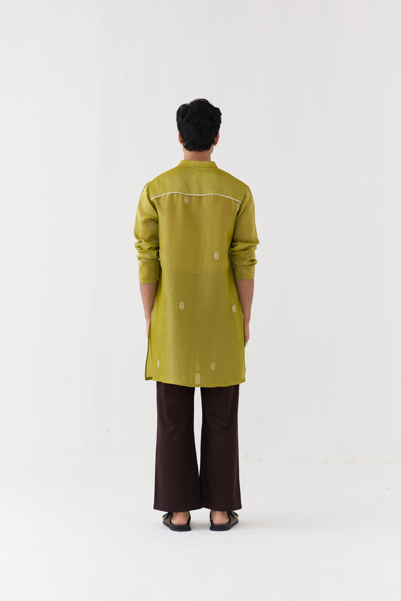 Hand Emb. Detail Kurta Co-Ord tissue,poplin co-ord set by THREE Men in yellow,brown for men Worldwide