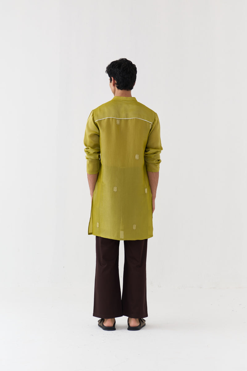 Hand Emb. Detail Kurta tissue kurta/kurta set by THREE Men in yellow for men Worldwide