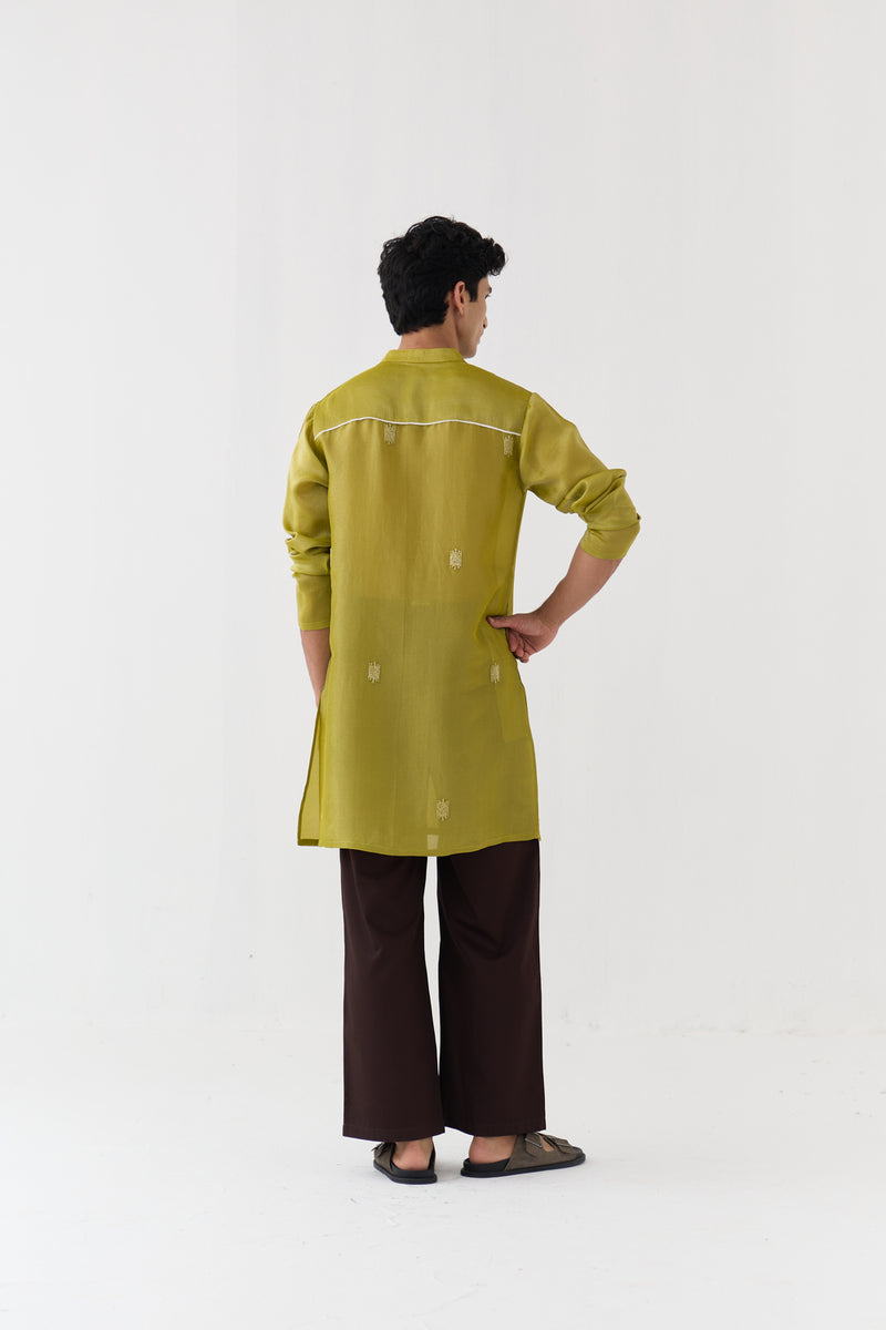 Hand Emb. Detail Kurta Co-Ord tissue,poplin co-ord set by THREE Men in yellow,brown for men Worldwide