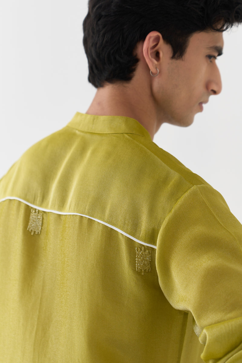 Hand Emb. Detail Kurta tissue kurta/kurta set by THREE Men in yellow for men Worldwide