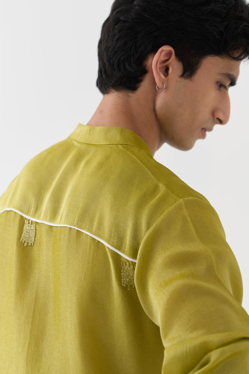 Hand Emb. Detail Kurta Co-Ord tissue,poplin co-ord set by THREE Men in yellow,brown for men Worldwide
