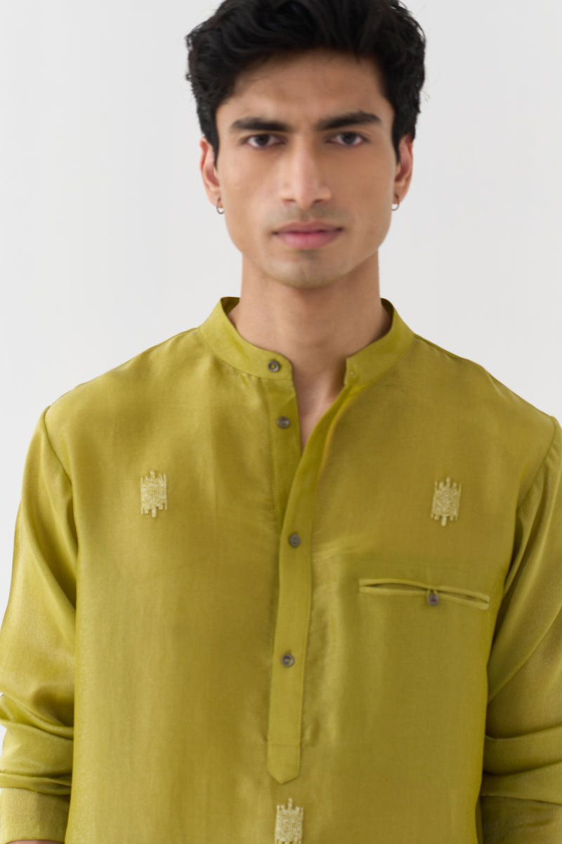 Hand Emb. Detail Kurta Co-Ord tissue,poplin co-ord set by THREE Men in yellow,brown for men Worldwide