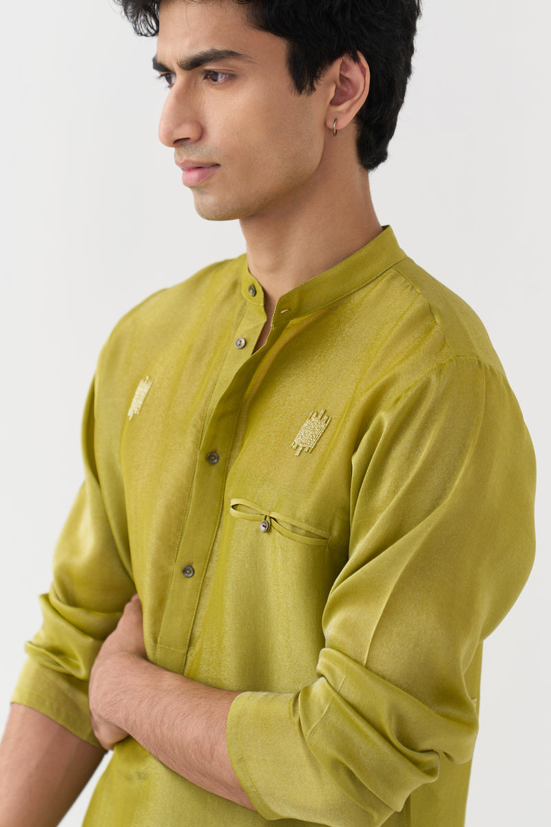 Hand Emb. Detail Kurta Co-Ord tissue,poplin co-ord set by THREE Men in yellow,brown for men Worldwide