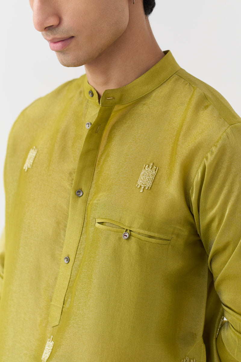 Hand Emb. Detail Kurta tissue kurta/kurta set by THREE Men in yellow for men Worldwide