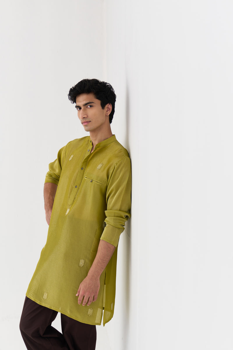 Hand Emb. Detail Kurta Co-Ord tissue,poplin co-ord set by THREE Men in yellow,brown for men Worldwide