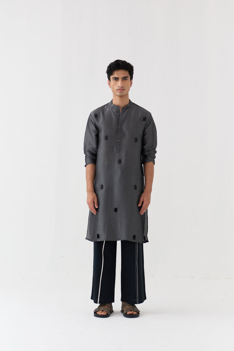 Hand Emb. Detail Kurta tissue shirt by THREE Men in black for men Worldwide
