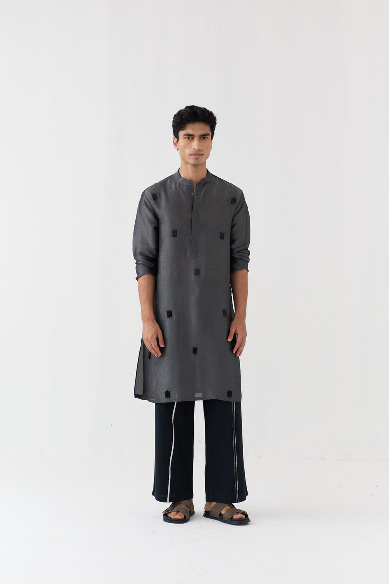 Hand Emb. Detail Kurta Co-Ord tissue,handwoven cotton co-ord set by THREE Men in black for men Worldwide