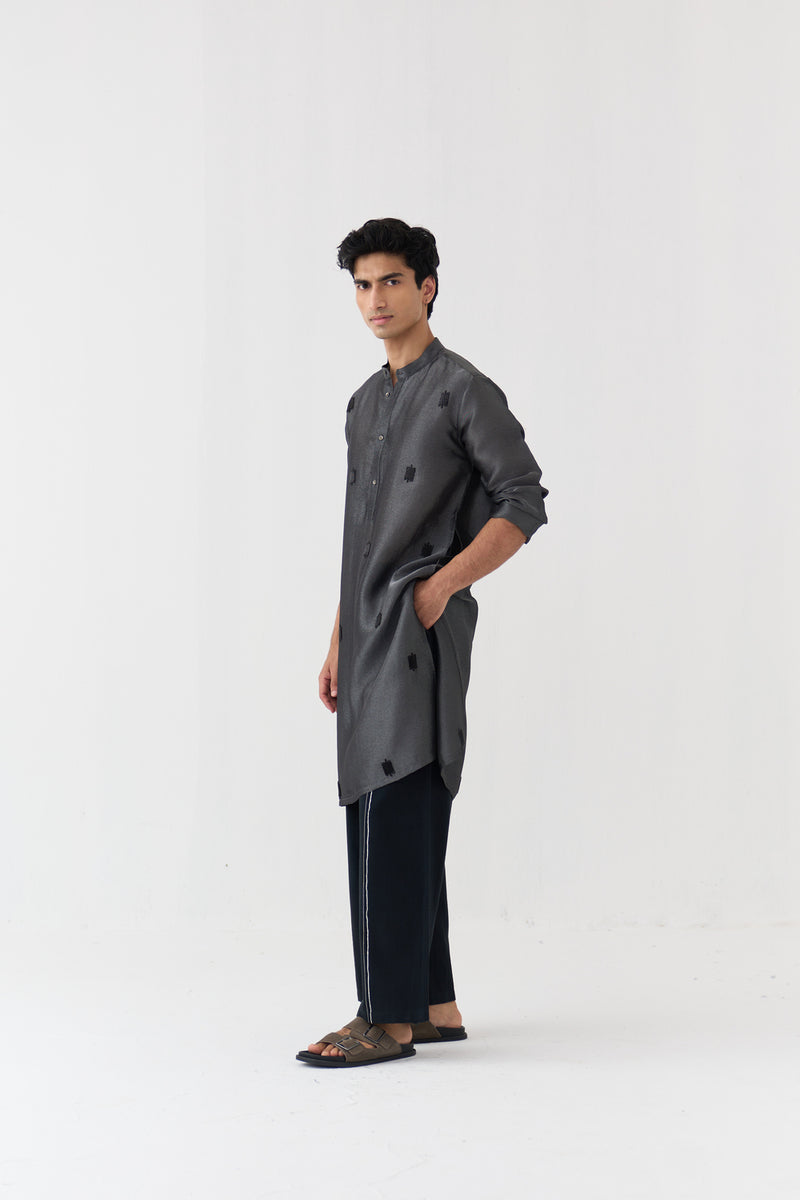 Hand Emb. Detail Kurta tissue shirt by THREE Men in black for men Worldwide