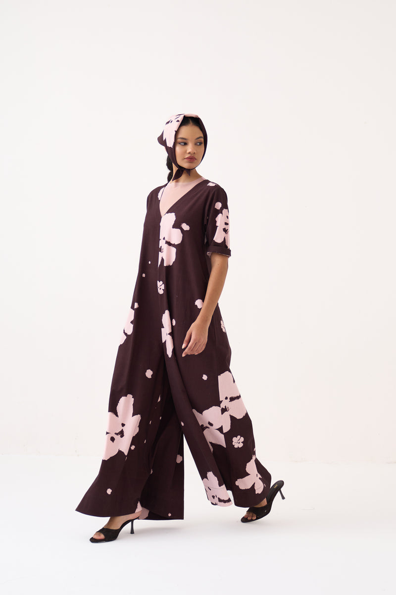 Floral Jumpsuit-Dark Brown Floral crushed cotton jumpsuit by THREE in dark brown for women Worldwide