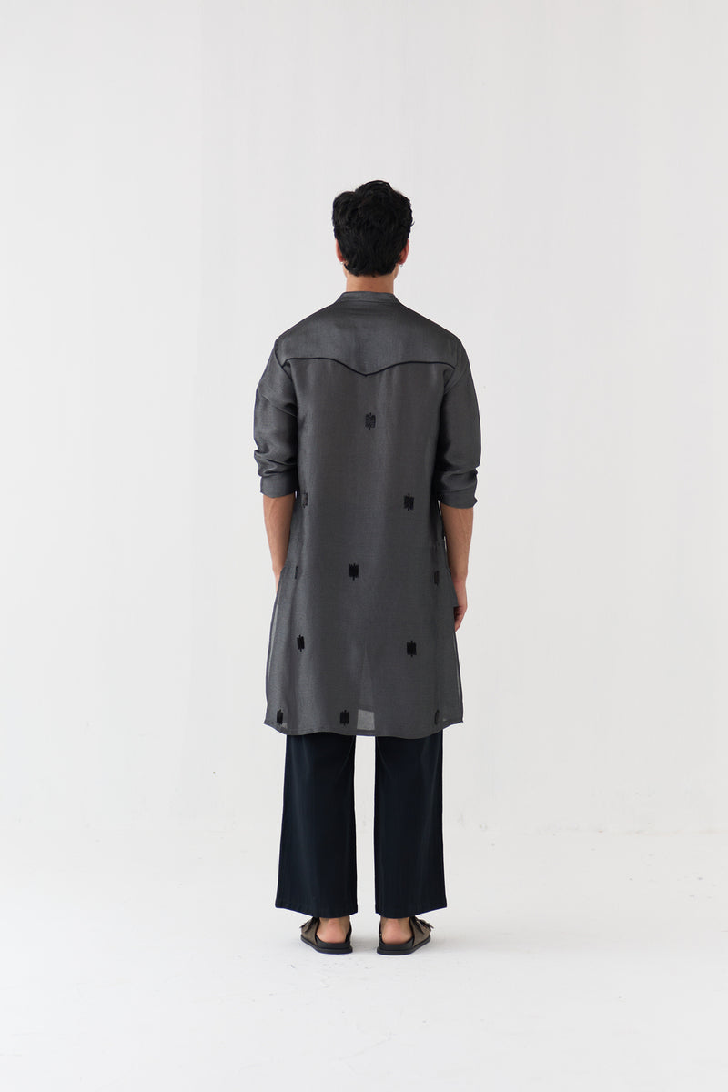 Hand Emb. Detail Kurta Co-Ord tissue,handwoven cotton co-ord set by THREE Men in black for men Worldwide