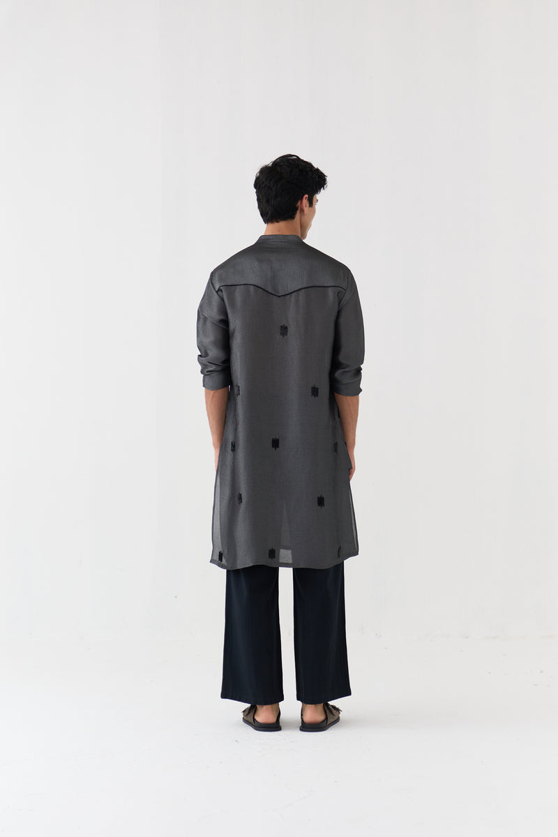 Hand Emb. Detail Kurta tissue shirt by THREE Men in black for men Worldwide
