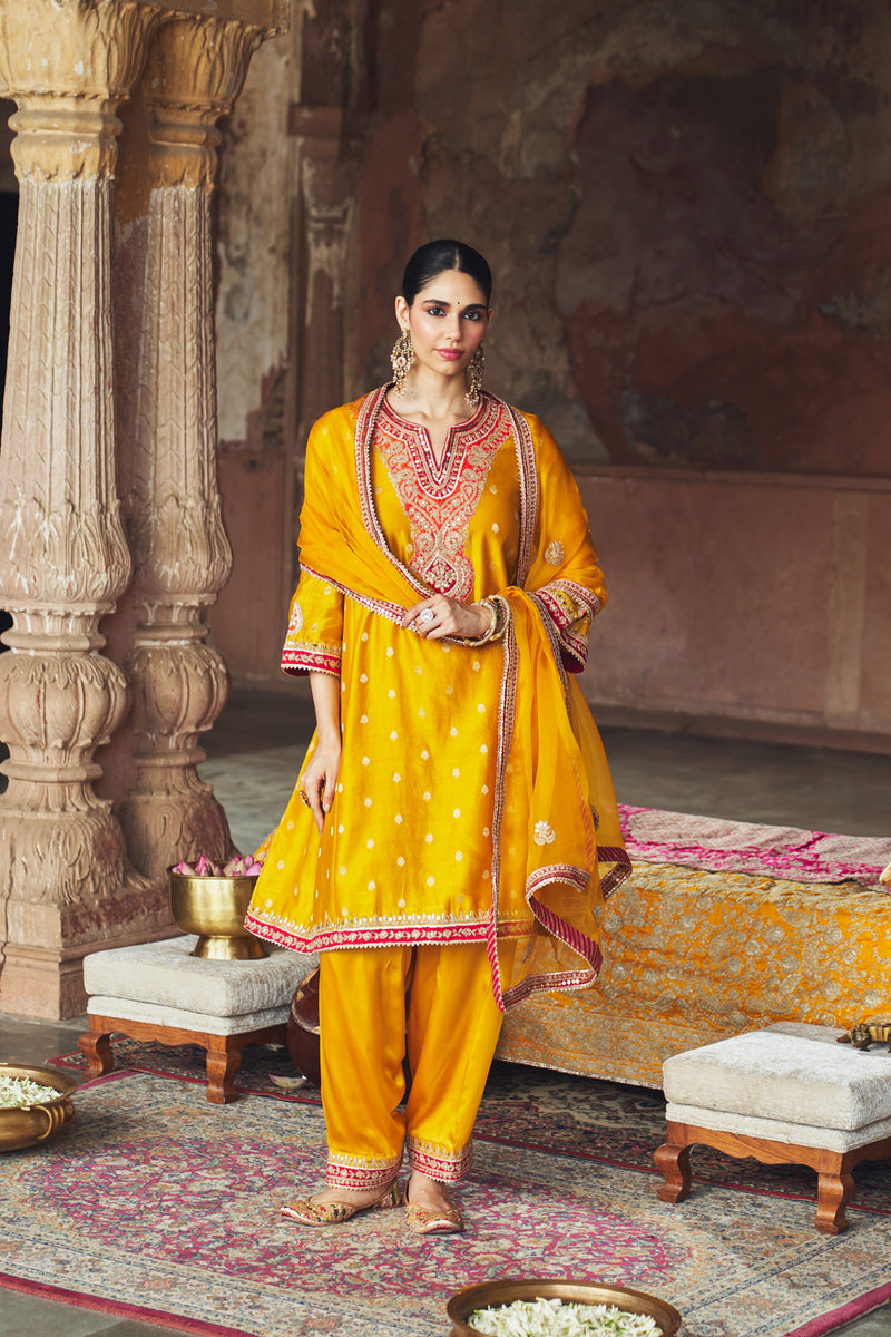 HAFSA - MUSTARD CHAUGA WITH SALWAR chanderi silk kurta/kurta set by SHEETAL BATRA in mustard for women Worldwide