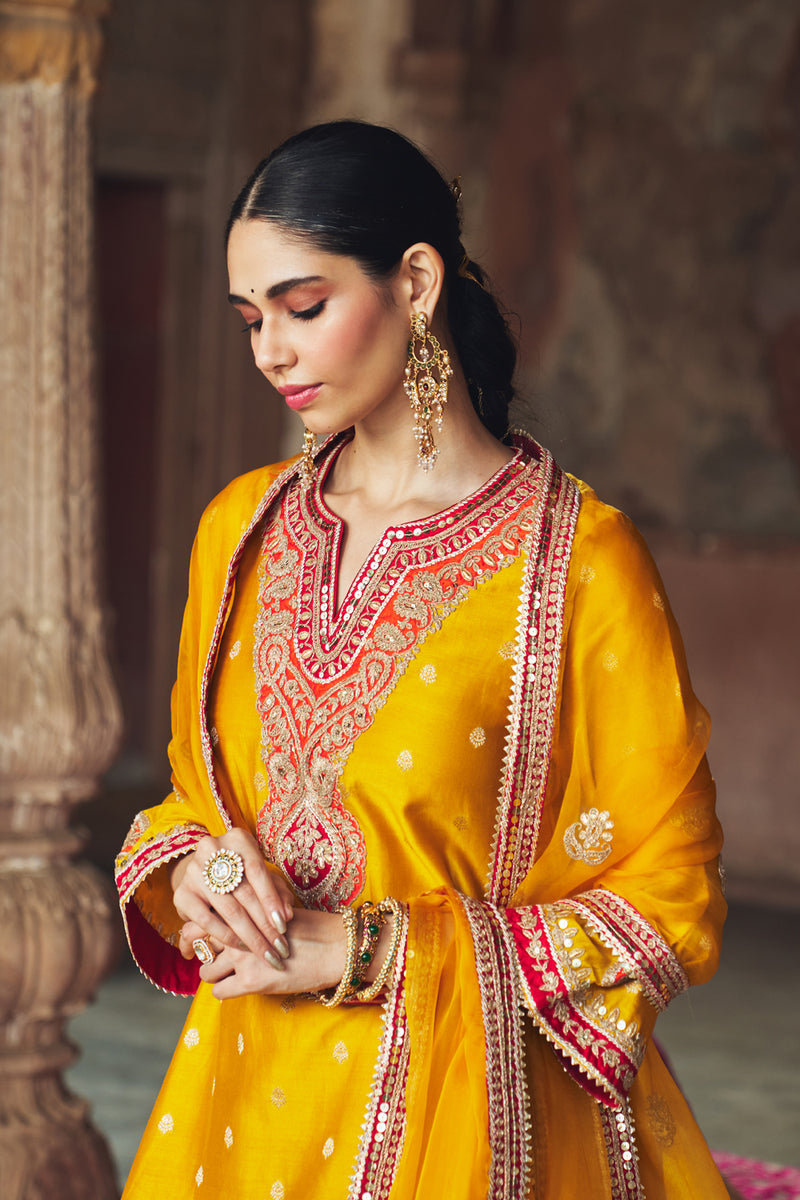 HAFSA - MUSTARD CHAUGA WITH SALWAR chanderi silk kurta/kurta set by SHEETAL BATRA in mustard for women Worldwide