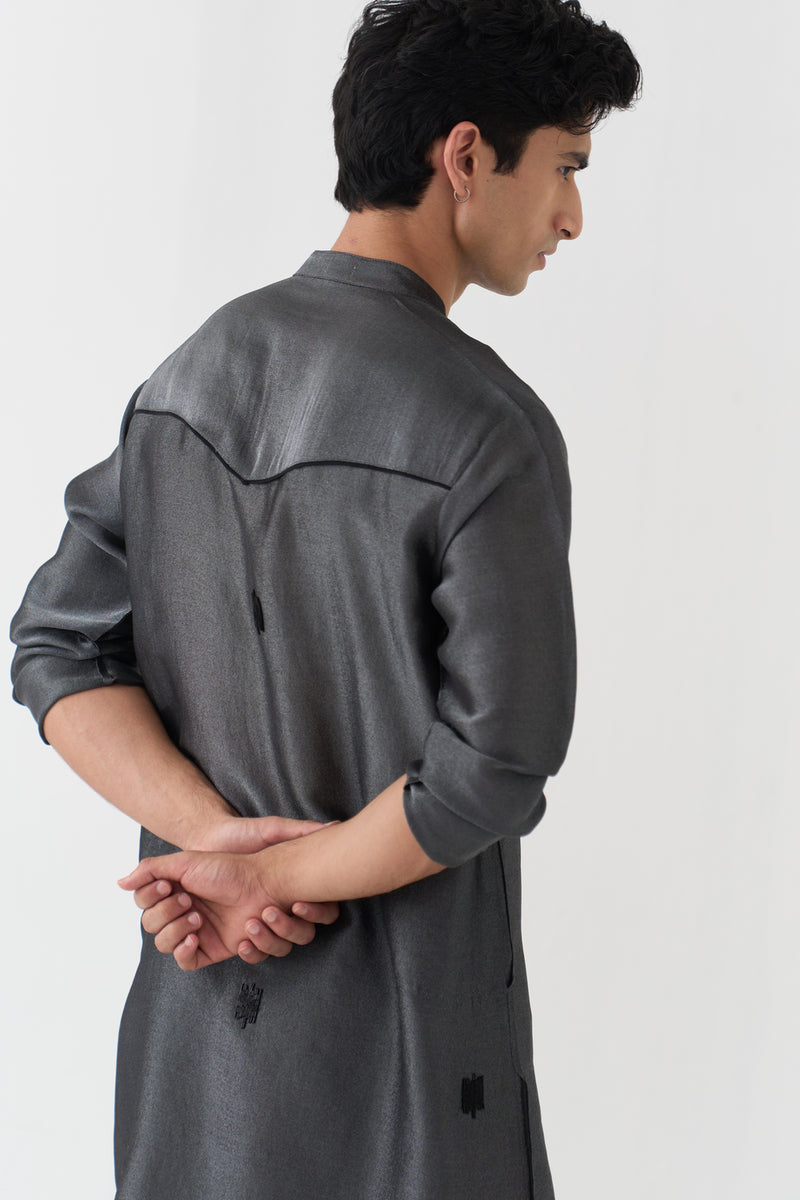 Hand Emb. Detail Kurta Co-Ord tissue,handwoven cotton co-ord set by THREE Men in black for men Worldwide