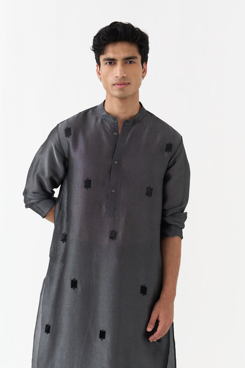Hand Emb. Detail Kurta tissue shirt by THREE Men in black for men Worldwide