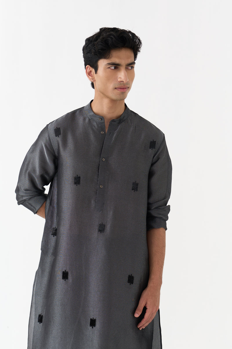 Hand Emb. Detail Kurta tissue shirt by THREE Men in black for men Worldwide