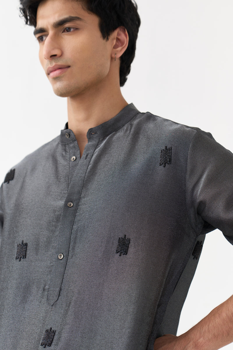 Hand Emb. Detail Kurta tissue shirt by THREE Men in black for men Worldwide