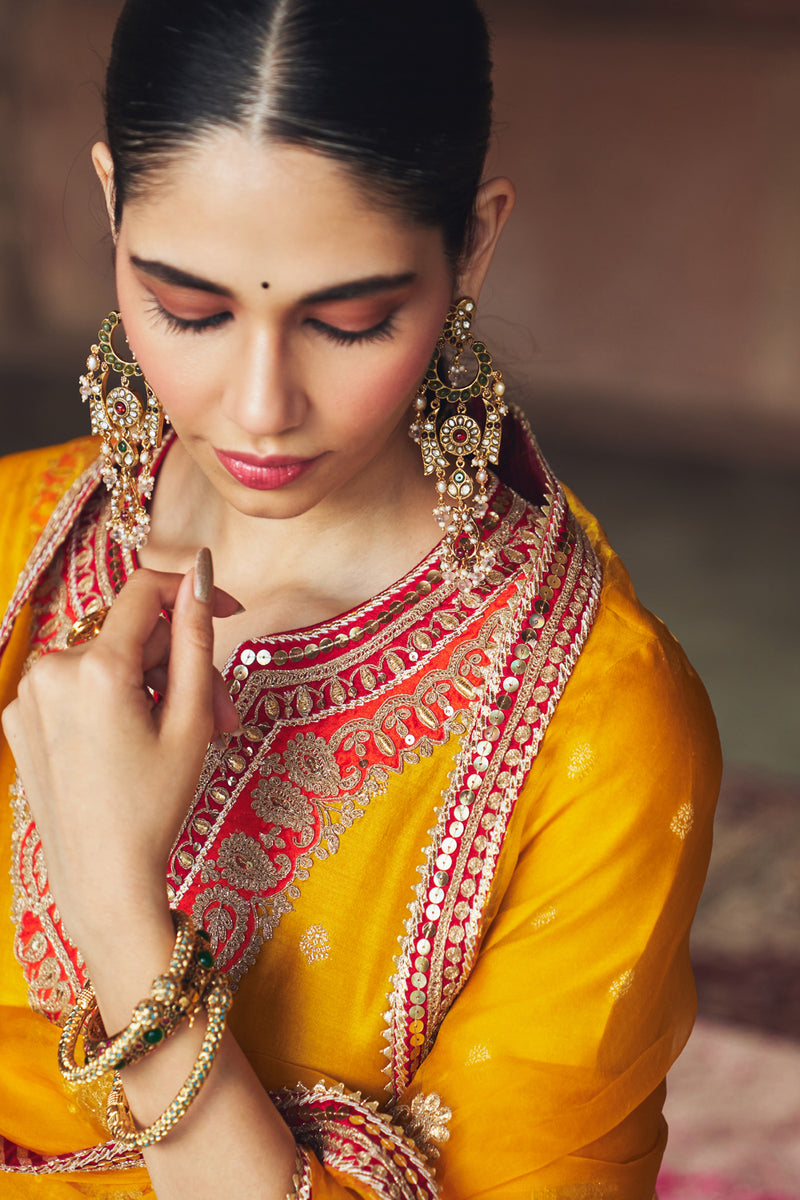 HAFSA - MUSTARD CHAUGA WITH SALWAR chanderi silk kurta/kurta set by SHEETAL BATRA in mustard for women Worldwide
