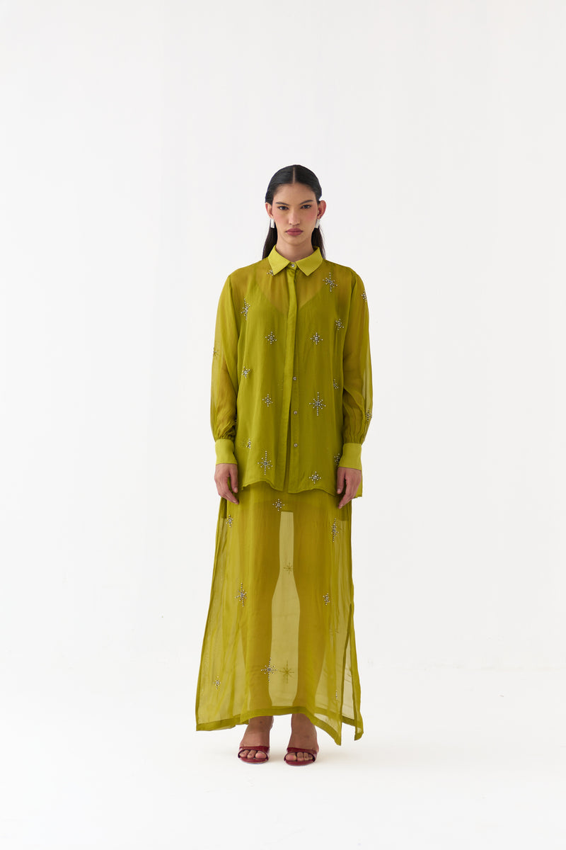 Hand Emb. Detail Shirt Co-Ord (Set Of 2)-Electric Lime organza co-ord set by THREE in yellow for women Worldwide