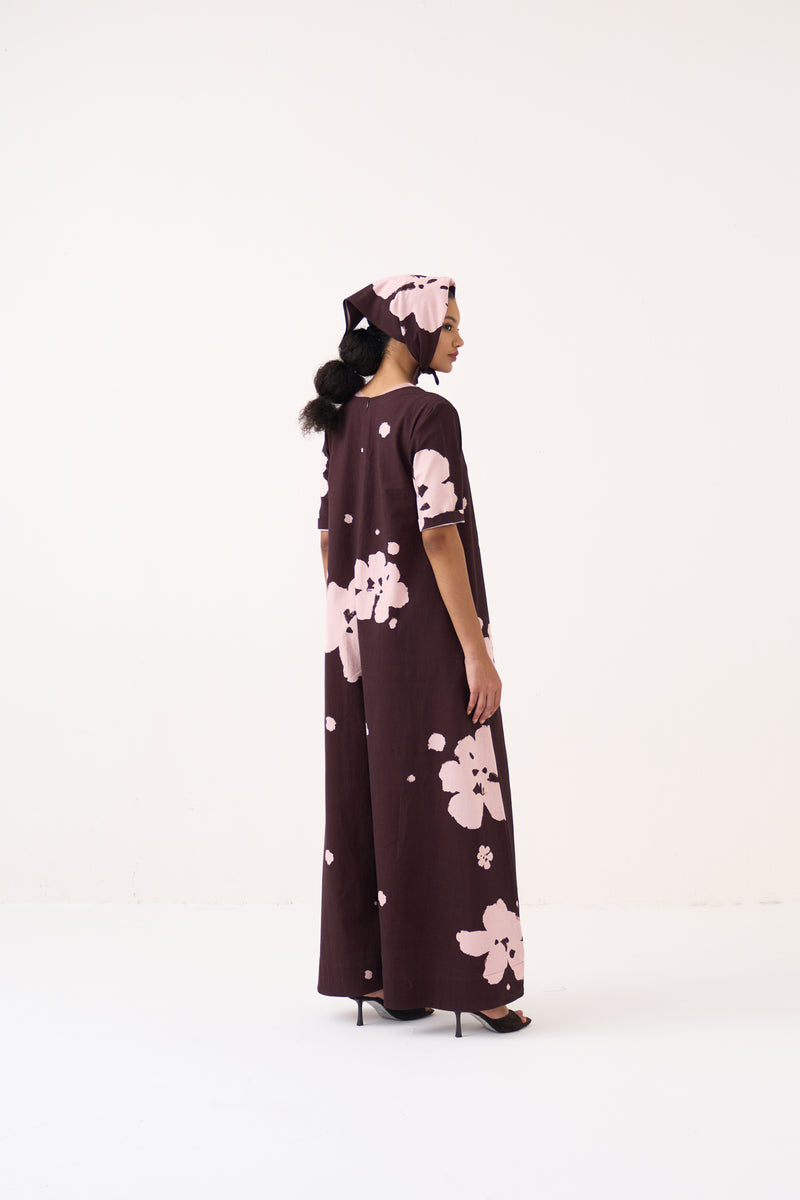 Floral Jumpsuit-Dark Brown Floral crushed cotton jumpsuit by THREE in dark brown for women Worldwide