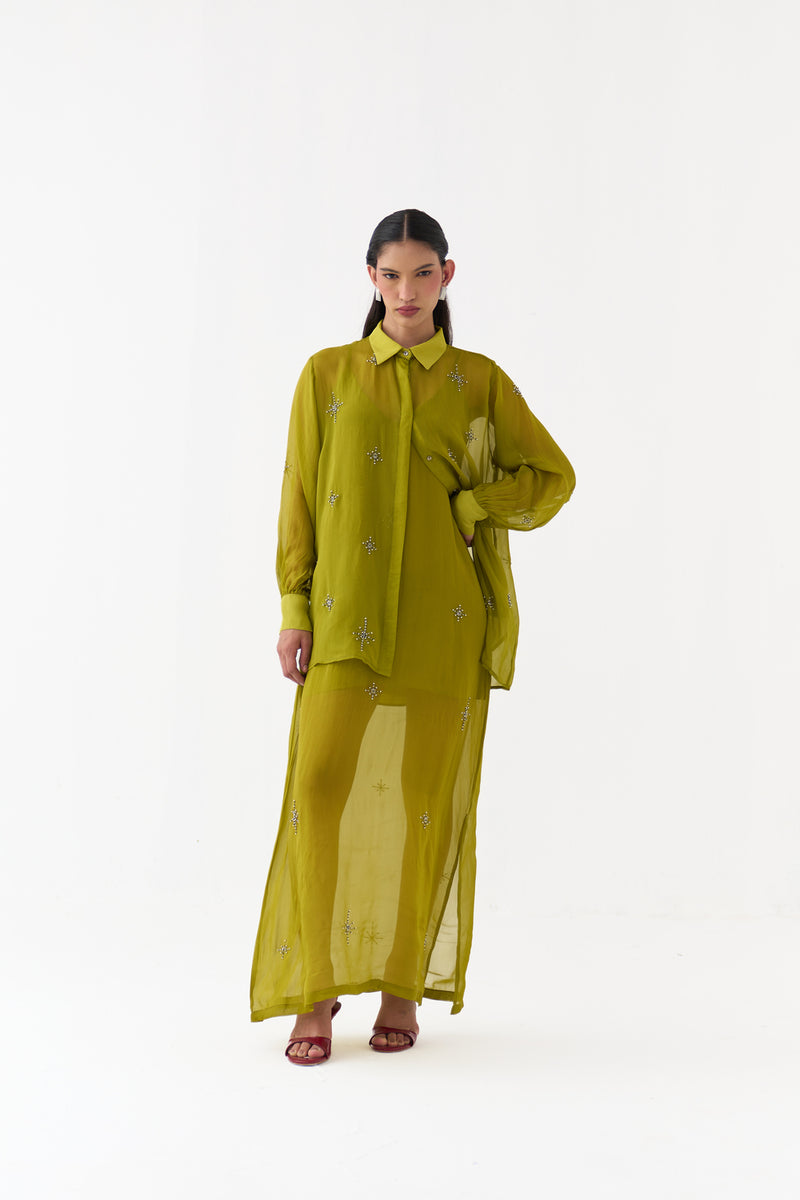 Hand Emb. Detail Shirt Co-Ord (Set Of 2)-Electric Lime organza co-ord set by THREE in yellow for women Worldwide